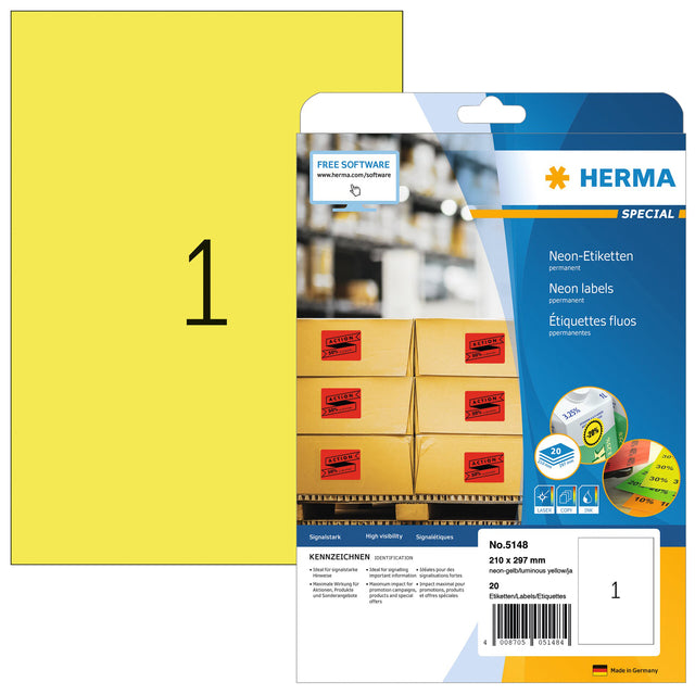 Herma - Herma 5148 Label 210x297mm A4 Fluorine jaune 20 pièces | Blister une feuille de 20