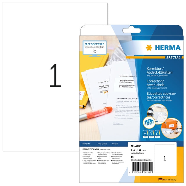 Herma - Herma 4230 210x297mm A4 Korrektur Weiß 25st | Blasen Sie ein 25 Blatt