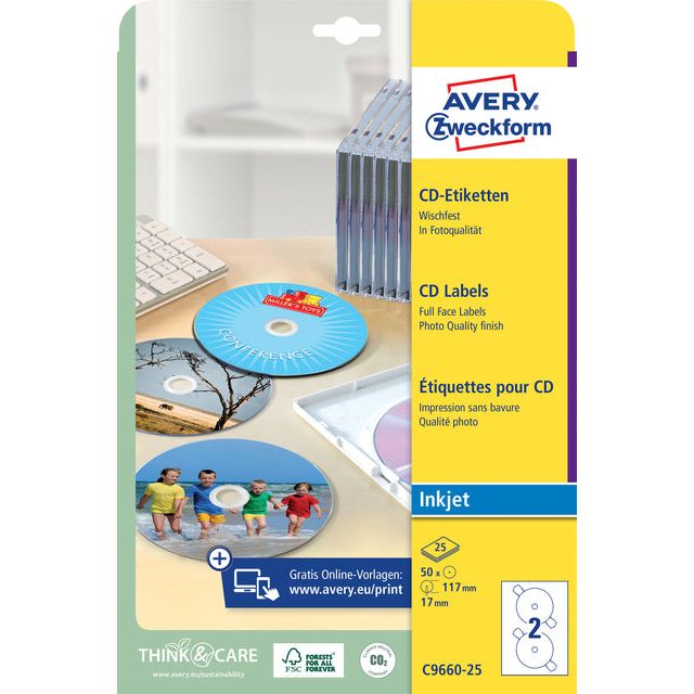 Avery - Beschriftung Avery C9660-25 CD High Gloss 50 Stücke | Pack von 25 Blättern