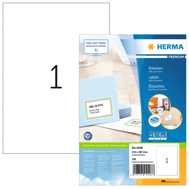 Herma - Herma 4428 Label 210x297mm A4 Prem blanc 100 pièces | Blister une feuille de 100