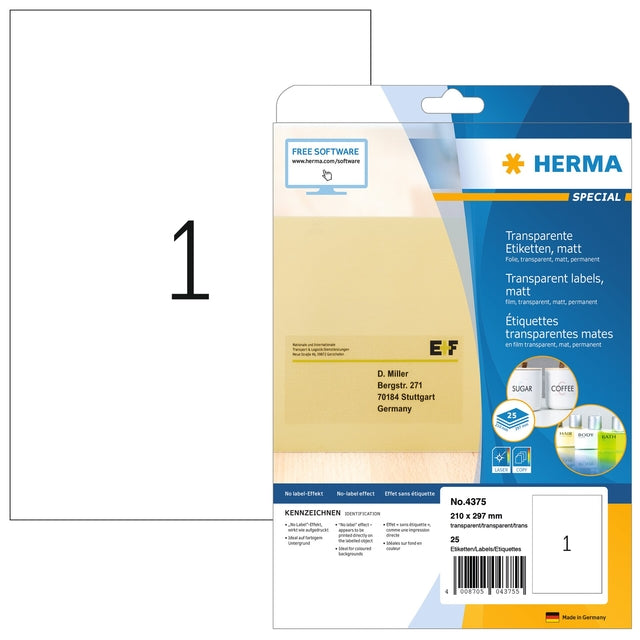 Herma - Herma 4375 Étiquette 210x297mm A4 Transparent 25 pièces | Blister une feuille de 25