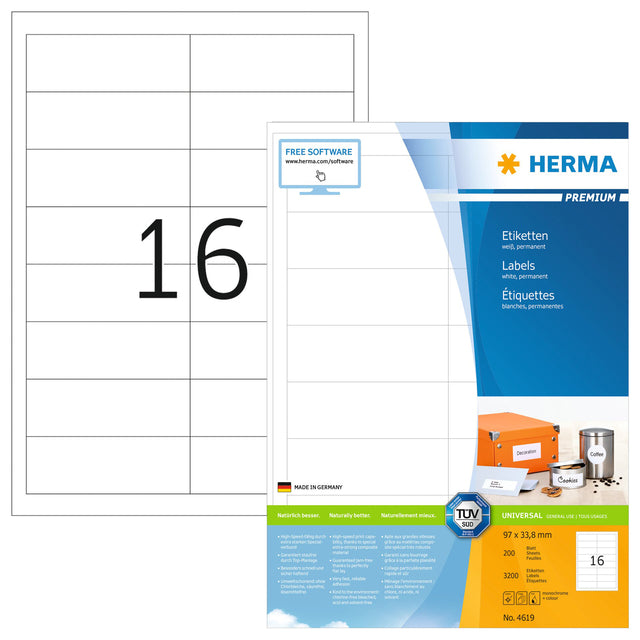 Herma - Herma 4619 Label 97x33,8 mm Premium White 3200 Pieces | Blister une feuille de 200