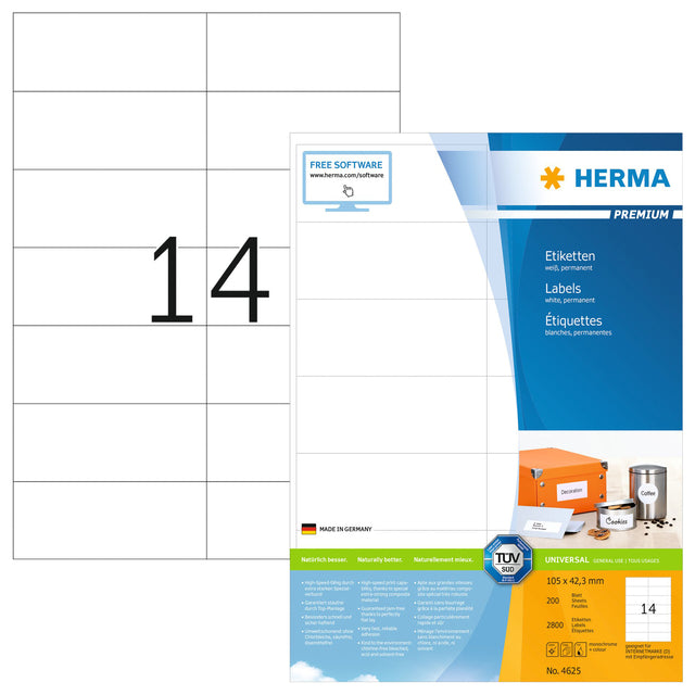 Herma - Herma 4625 Label 105x42.3 mm Premium White 2800 Pièces | Blister une feuille de 200