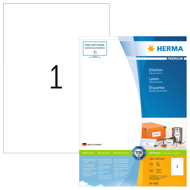 Herma - Herma 4631 Label 210x297mm A4 Prem White 200 pièces | Blister une feuille de 200