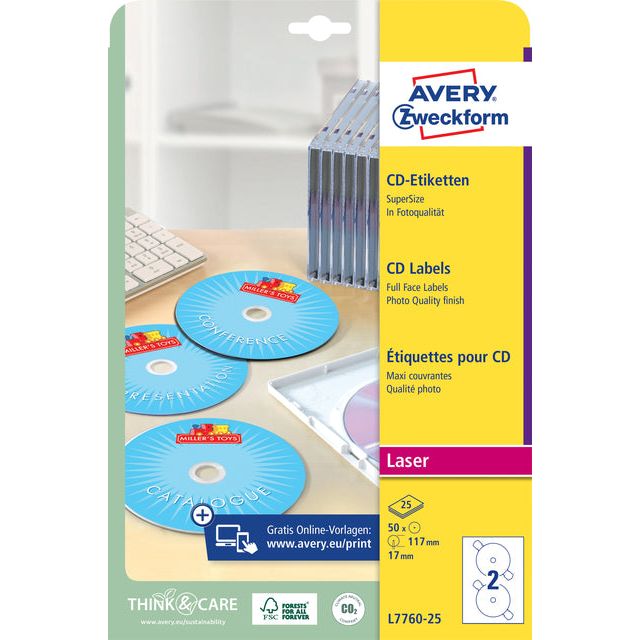 Avery - Beschriftung Avery L7760-25 CD Full Size Glossy 50 Stücke | Pack von 25 Blättern