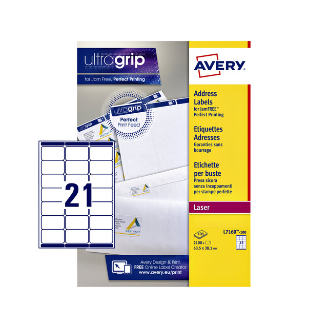 Avery - Label Avery L7160-100 63.5x38.1 mm blanc 2100 pièces | Box A 100 feuilles | 5 pièces