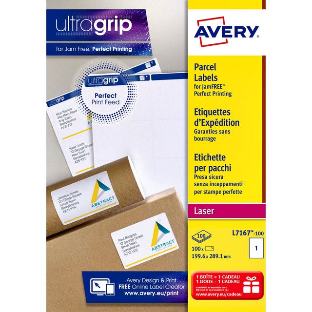 Avery - L7167, Verzendetiketten, Laser, Ultragrip, wit, 100 vellen, 1 per vel, 199,6 x 289,1 mm