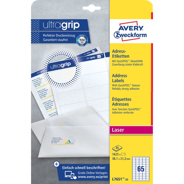 Avery - Etiqueta L7651-25 38,1x21,2mm blanca 1625 etiquetas | 5 piezas