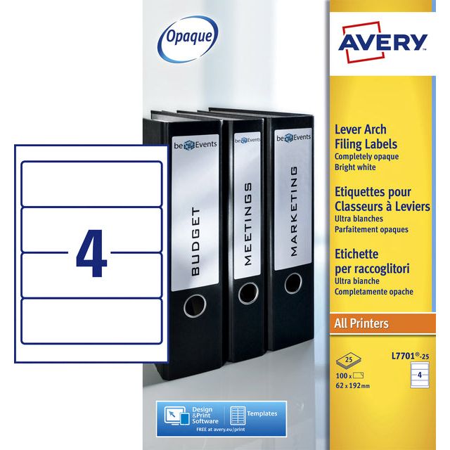 Avery - Étiquette de tapis Avery large 62x192 mm auto-adhésif blanc | Pack de 25 draps