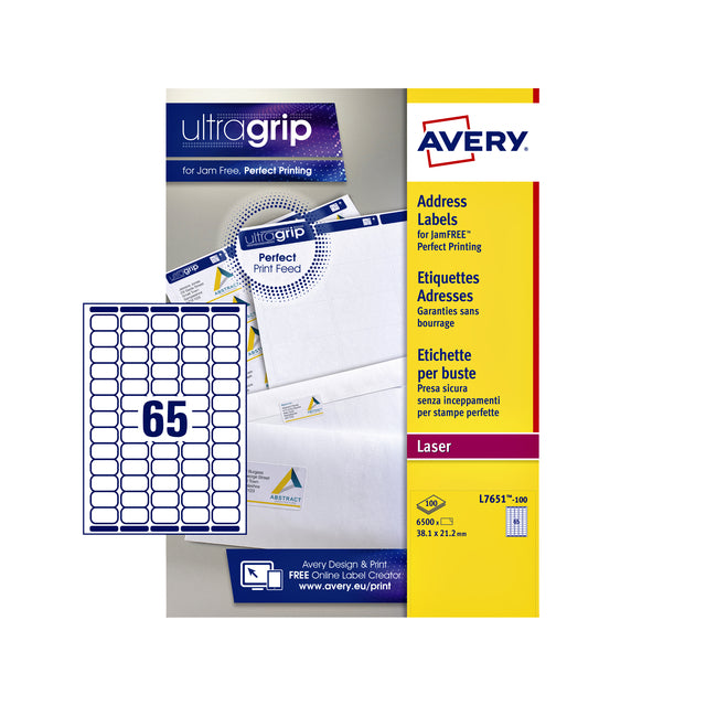 Avery - Label Avery L7651 38.1x21.2mm blanc 6500 pièces | Box A 100 feuilles | 5 pièces