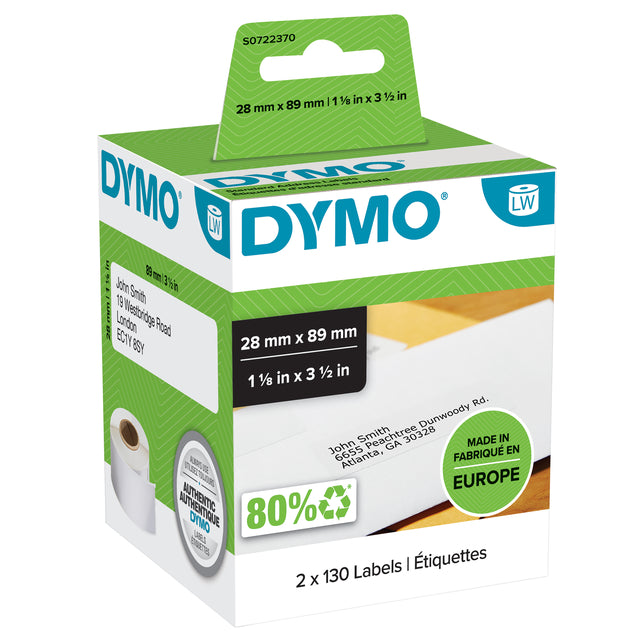 DYMO - Label -Labelbrenner Adresing 28x89mm 2 Rollen mit 130 Teilen weiß