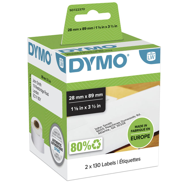 Dymo - Étiquette LabelWriter adressant 28x89mm 2 rouleaux de 130 pièces blanc | 6 pièces