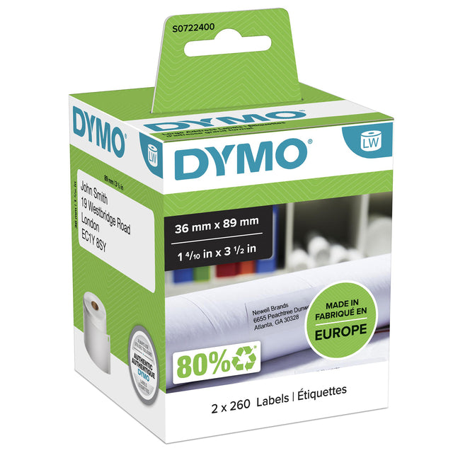 Dymo -  Etiket LabelWriter adressering 36x89mm 2 rollen á 260 stuks wit | 6 stuks
