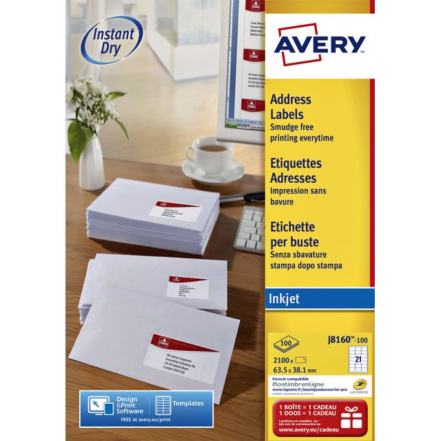 Avery - J8160-100 adresetiketten 63,5 x 38,1 mm (b x h), 2.100 etiketten, wit