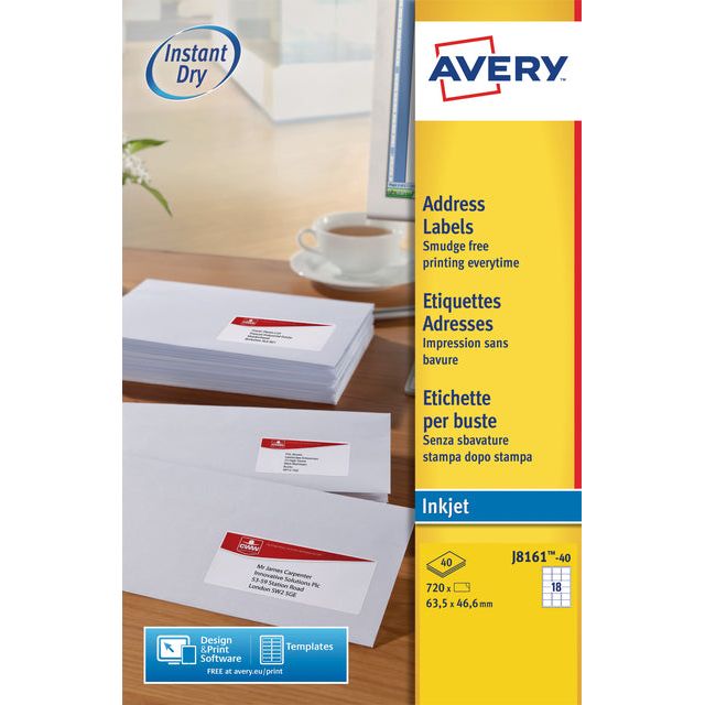 Avery - Label Avery J8161-40 63.5x46,6 m blanc 720 pièces | Pack de 40 draps