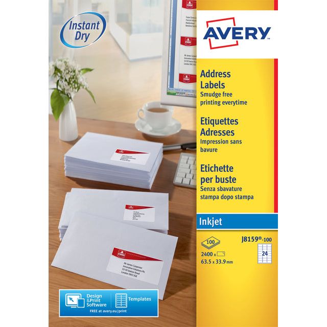 Avery - Label Avery J8159-100 63.5x33.9 mm blanc 2400 pièces | Boîter une feuille de 100