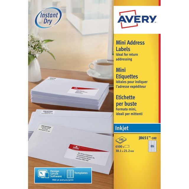 Avery - Label Avery J8651-100 38.1x21.2 mm blanc 6500 pièces | Boîter une feuille de 100