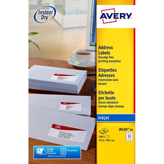 Avery - Label Avery J8160-40 63.5x38.1mm blanc 840 pièces | Pack de 40 draps