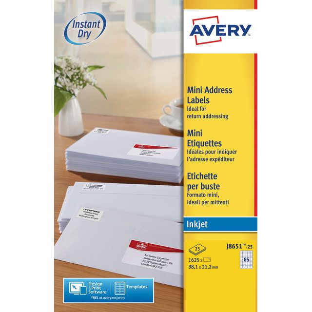 Avery - Label Avery J8651-25 38.1x21.2 mm blanc 1625 pièces | Pack de 25 draps