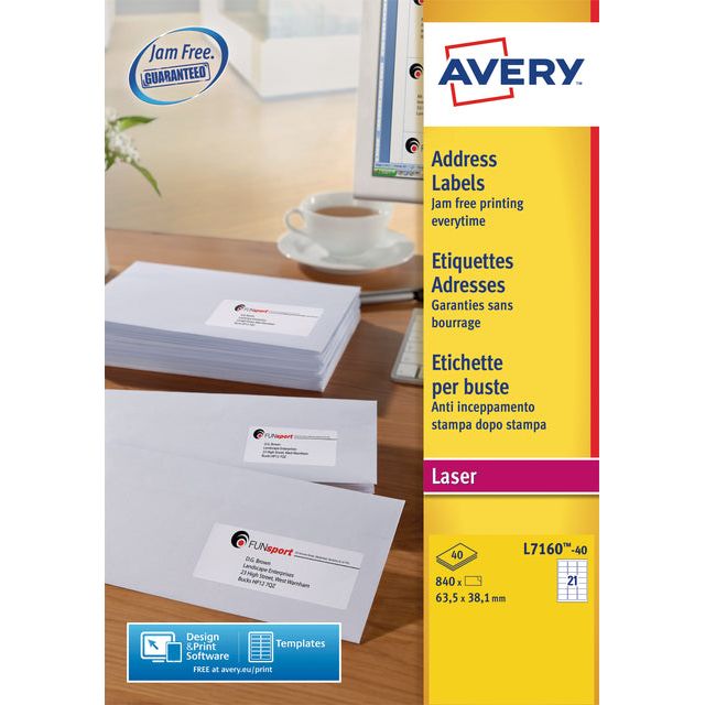 Avery - Etikett Avery L7160-40 63,5x38.1mm Weiß 840 Stücke | PAK A 40 Blatt | 5 Stücke