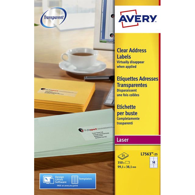 Avery - Étiquettes transparentes Quickpeel Ft 99.1 x 38,1 mm (B x H), 350 pièces, 14 par feuille