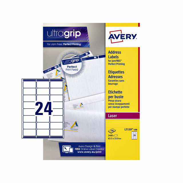 Avery - L7159, Adresetiketten, Laser, Ultragrip, wit, 100 vellen, 24 per vel, 63,5 x 33,9 mm