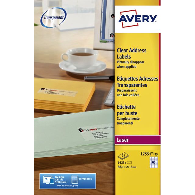 Avery - L7551-25 Étiquettes d'adresse FT 38,1 x 21,2 mm (B x H), 1 625 étiquettes, transparente