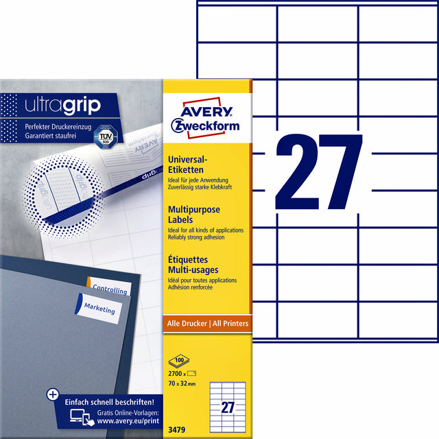 Avery Zweckform - Zweckform 3479, Universele etiketten, Ultragrip, wit, 100 vel, 27 per vel, 70 x 32 mm