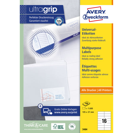 Avery Zweckform - Etichetta Zweckform 3484 105x37mm bianco 1600 pezzi