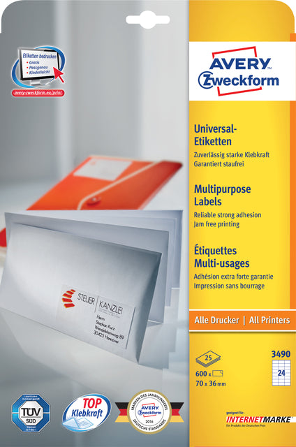 Avery Zweckform - Etiket az 3490 70x36mm wit 600 stuks