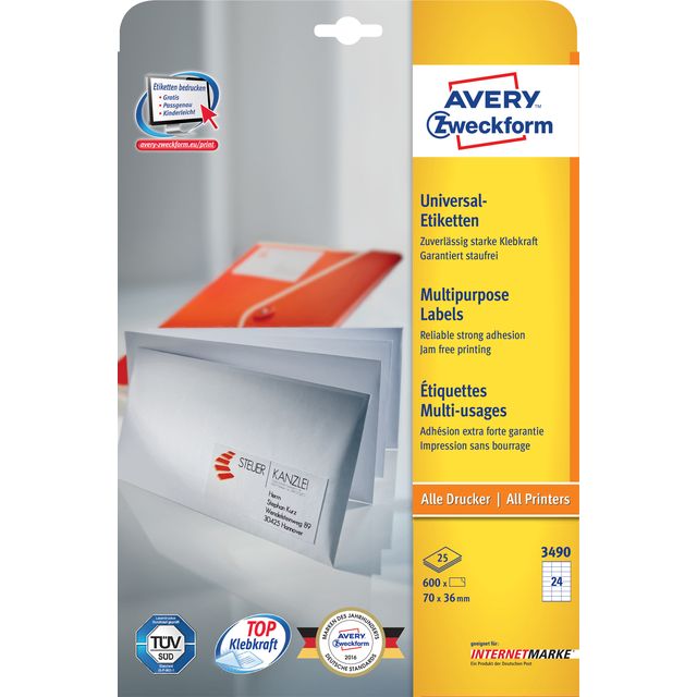 Avery Zweckform -  Etiket avery 3490 70x36mm wit 600st
