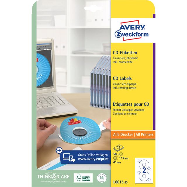 Avery Zweckform - Label Avery L6015-25 CD blanc 50 pièces | Pack de 25 draps