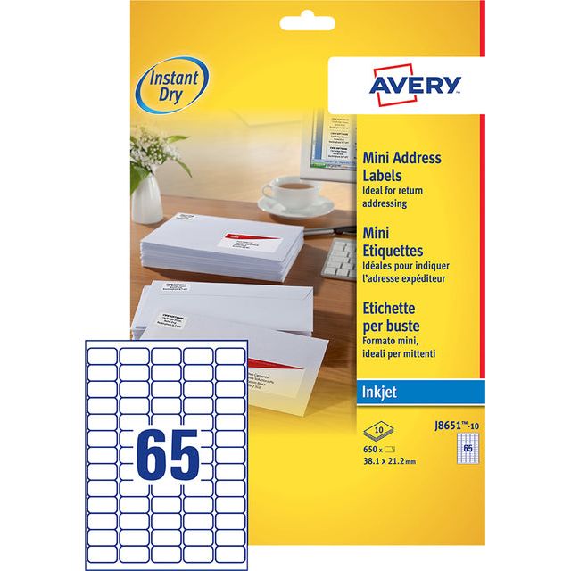 Avery - Label Avery J8651-10 38.1x21.2 mm blanc 650 pièces | Pak une feuille de 10 | 10 morceaux