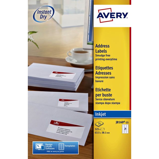 Avery - Label Avery J8160-10 63.5x38.1mm blanc 210 pièces | Pack de 10 feuilles