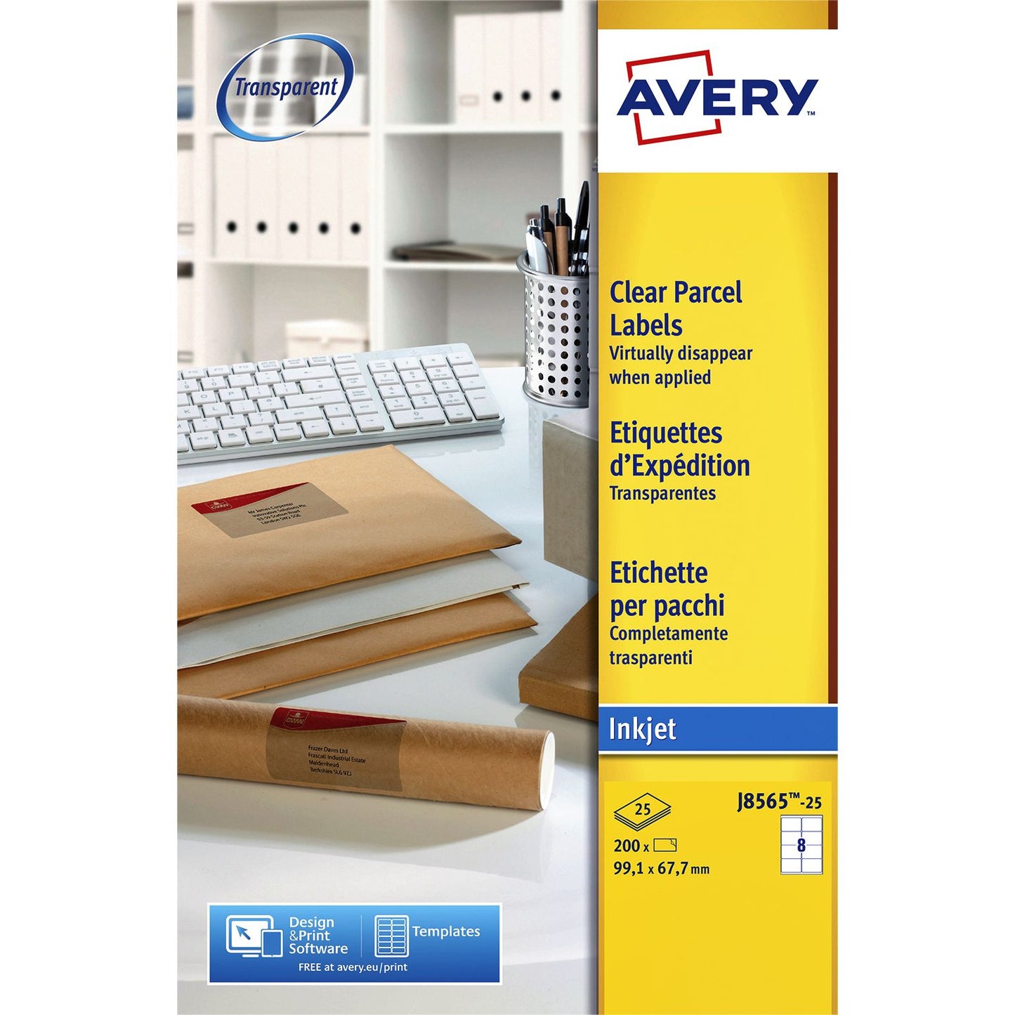 Avery - Etikett J8565-25 99,1 x 67,7 mm transparent 200 Etiketten | 5 Stück
