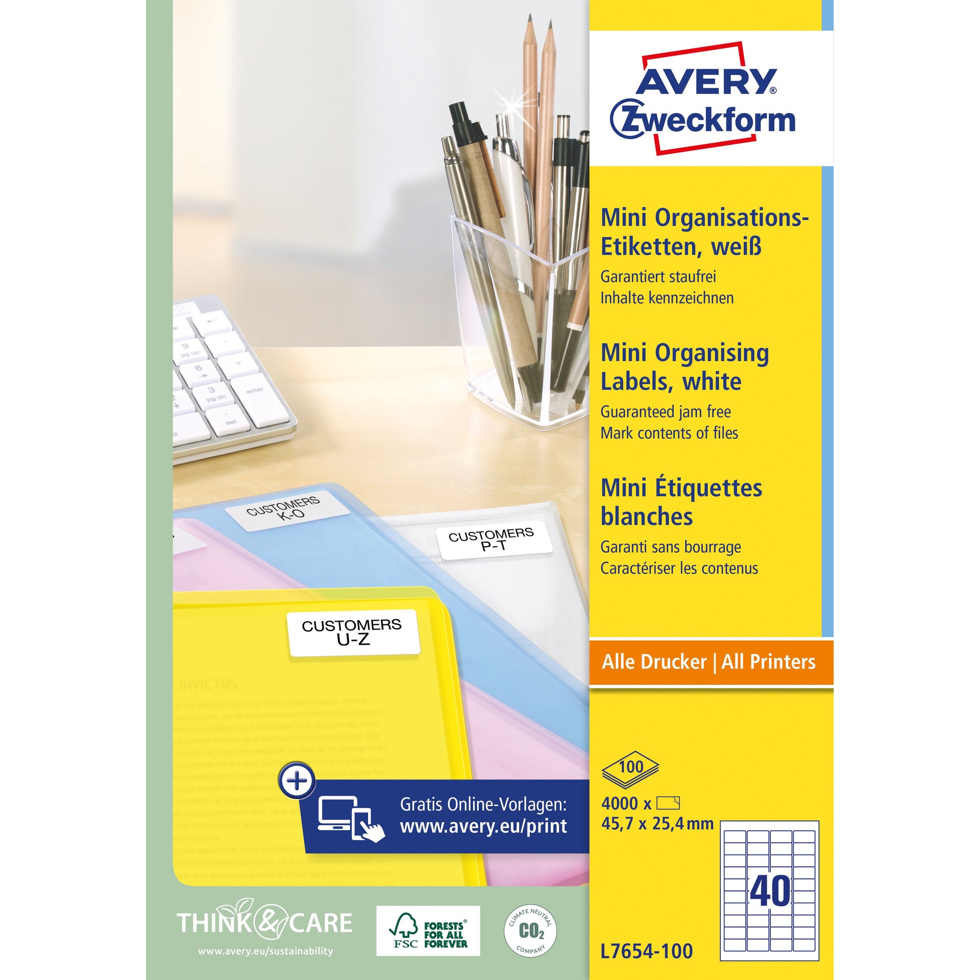 Avery -  Etiket  l7654-100 45.7x25.4mm wit 4000st