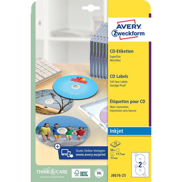 Avery - Label Avery J8676-25 CD Mat blanc 50 pièces | Pak une feuille de 25 | 5 pièces