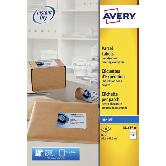 Avery - Witte etiketten QuickDry doos van 10 blad, ft 99,1 x 67,7 mm (b x h), 80 stuks, 8 per blad Met ...