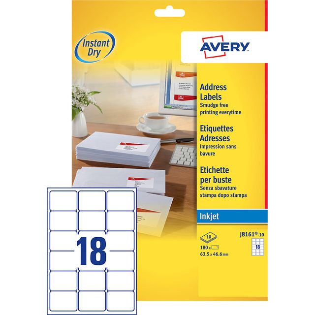 Avery - Label Avery J8161-10 63.5x46.6 mm blanc 180 pièces | Pak une feuille de 10 | 10 morceaux