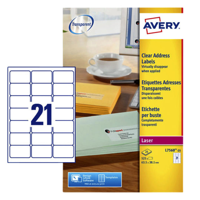 Avery - L7560-25 Étiquettes d'adresse FT 63,5 x 38,1 mm (B x H), 525 Étiquettes, transparente