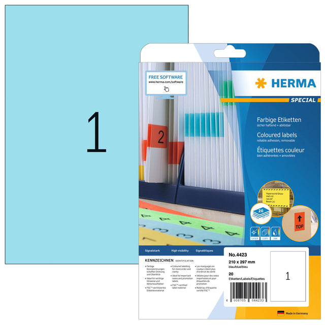 HERMA - Etikett 4423 210x297mm A4 ablösbar blau 20 Stück
