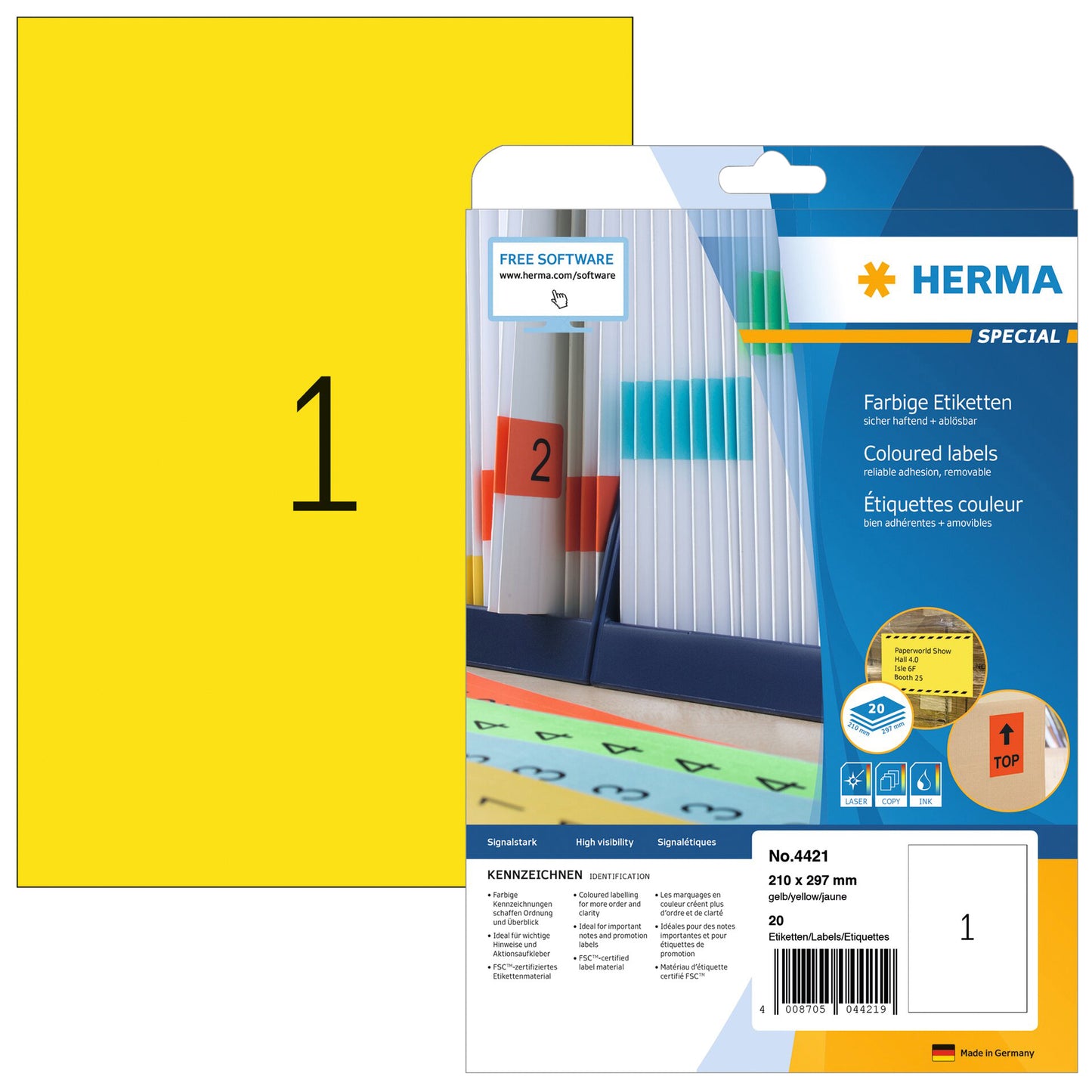 HERMA - Etikett 4421 210x297mm ablösbar A4 gelb 20 Stück