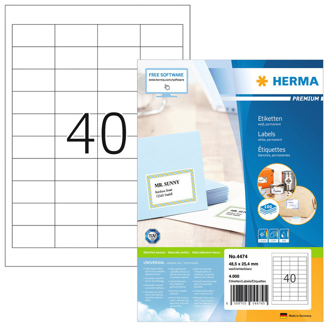 Herma - Herma 4474 Label 48,5x25,4mm Prem White 4000 Stücke | Blasen Sie ein 100 Blatt