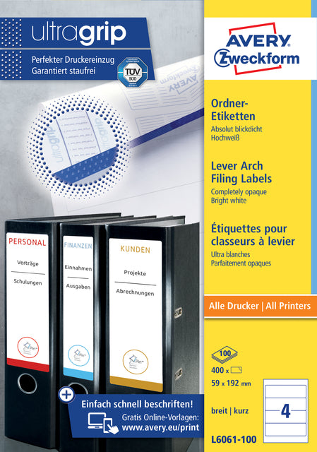 Avery -  Rugetiket Zweckform breed 59x192mm zelfklevend wit 100 vel | 5 stuks