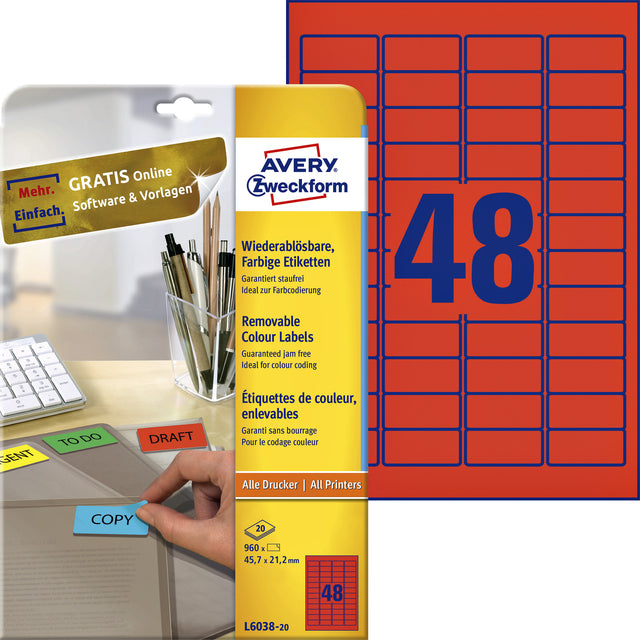 Avery Zweckform - Label Avery L6038-20 45.7x21.2 mm Red 960 Pièces | Pack de 20 feuilles