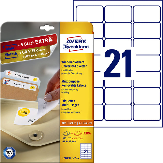 Avery Zweckform - Label Avery L6023Rev -25 63.5x38.1mm blanc 525 pièces | Pack de 25 draps