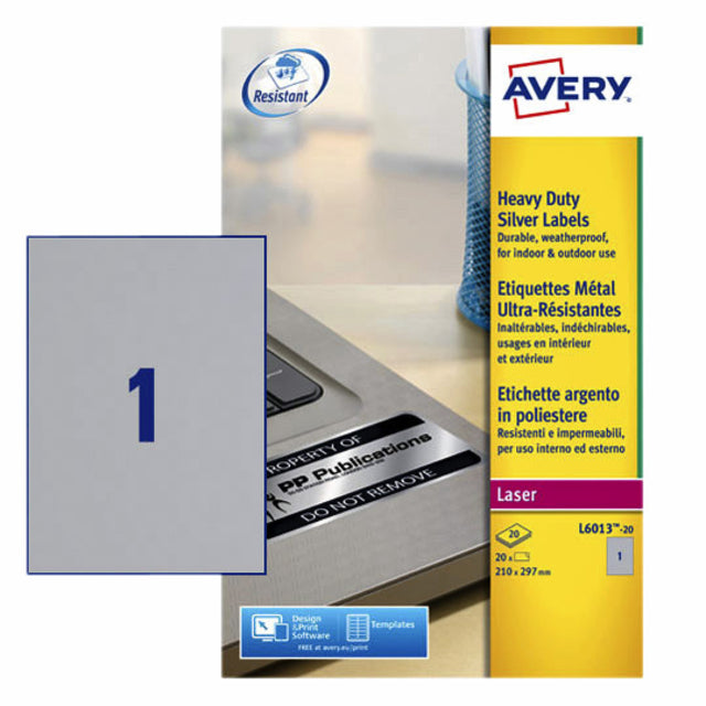 Avery - Label Avery L6013-20 210x297mm Silver 20 Pièces | Blister une feuille de 20