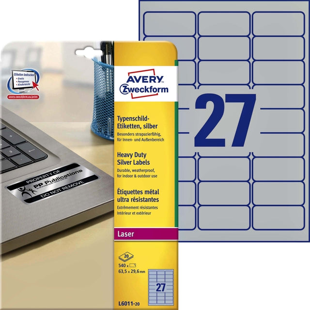 Avery - Label Avery L6011-20 63.5x29.6 mm Silver 540 Piece | Blister une feuille de 20