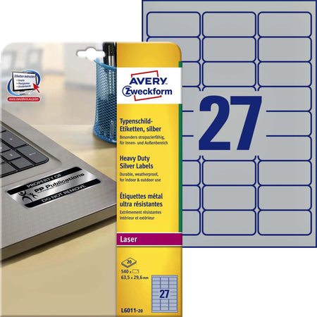 Avery -  Etiket  l6011-20 63.5x29.6mm zilver 540st
