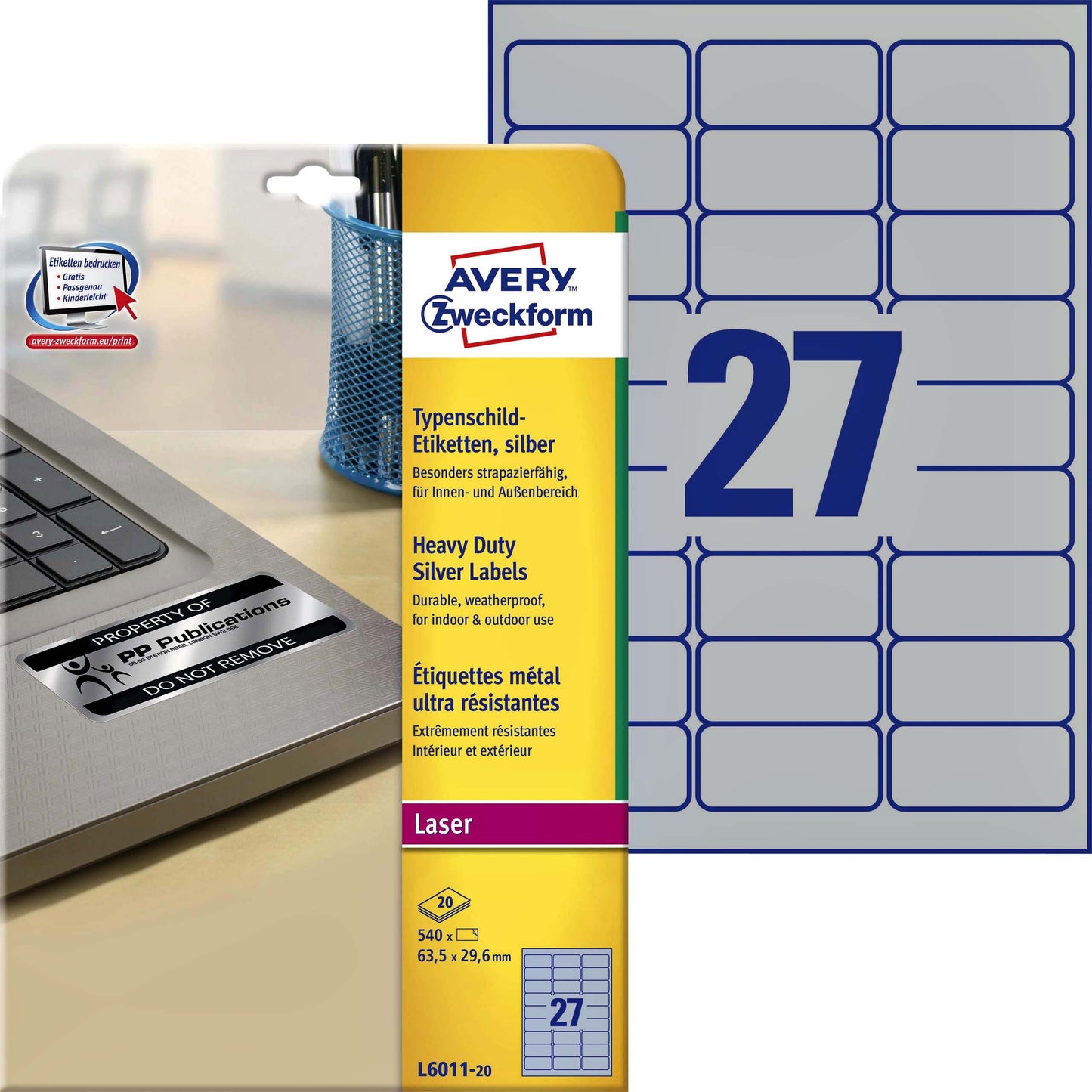 Avery -  Etiket L6011-20 63.5x29.6mm zilver 540stuk